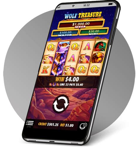 Smartphone displaying Wolf Treasure mobile slot game