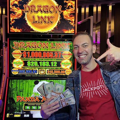 A large jackpot win displayed on a Dragon Link pokie machine screen with flashing lights.