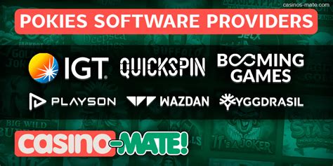 Logos of leading pokies software providers like Microgaming and NetEnt